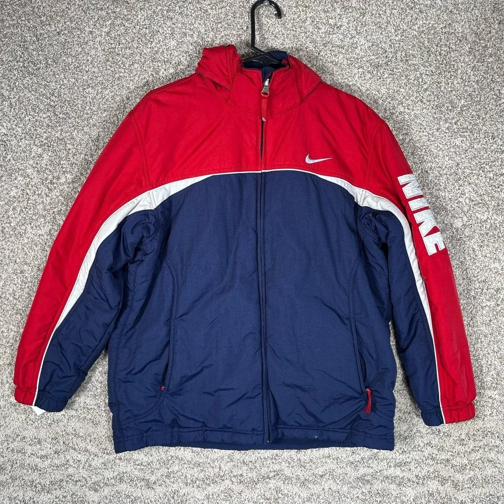 Nike Y2K Youth Hooded Puffer Jacket Red Navy Blue Spell Out Swoosh Reversible
